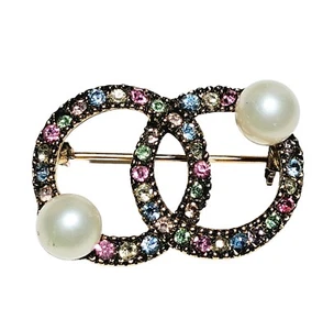 MCM BROOCH Infinity Rings Atomic Crystals w Faux Pearls Gold Tone 2.75" EUC! - Picture 1 of 4