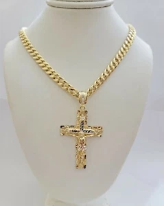 14k Gold Chain Cross SET Miami Cuban Link Necklace 7.5mm 22"- 28" ,Charm Pendant - Picture 1 of 12