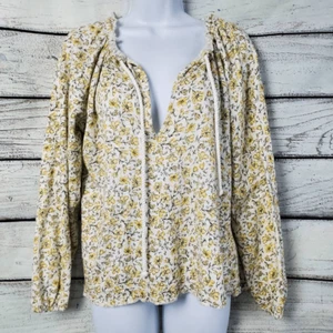 Billabong Damen kleines Bauern Top gelb Blumen Boho Crinkle Baumwolle Bluse zum Binden - Bild 1 von 7