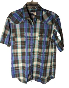 Wrangler X Long Tails Pearl Snap Kurzarm Hemd Herren 16 blau kariert Western - Bild 1 von 5