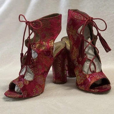 HRH Open Toe Heels Boots 8.5 Pink Red Gold Brocade Lace Up Tassel Block Heel Vtg - Image 1 of 4