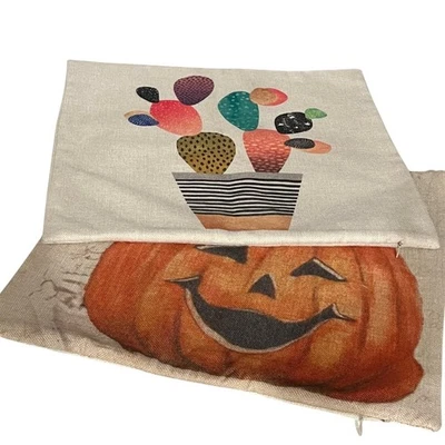 Set of 2 Throw Pillow Covers 16x16 Halloween Pumpkin & Abstract Candy Cactus - Image 1 of 4
