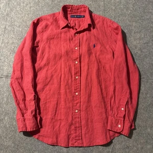 Ralph Lauren camicia 100% lino uomo grande rossa manica lunga bottoni blu pony - Foto 1 di 7