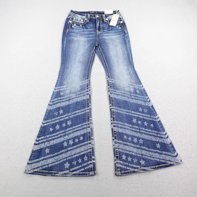 Miss Me Jeans Womens 28 Blue High-Rise Flare Slim Fit Stars Stripes Wide Leg NEW - Image 1 of 4