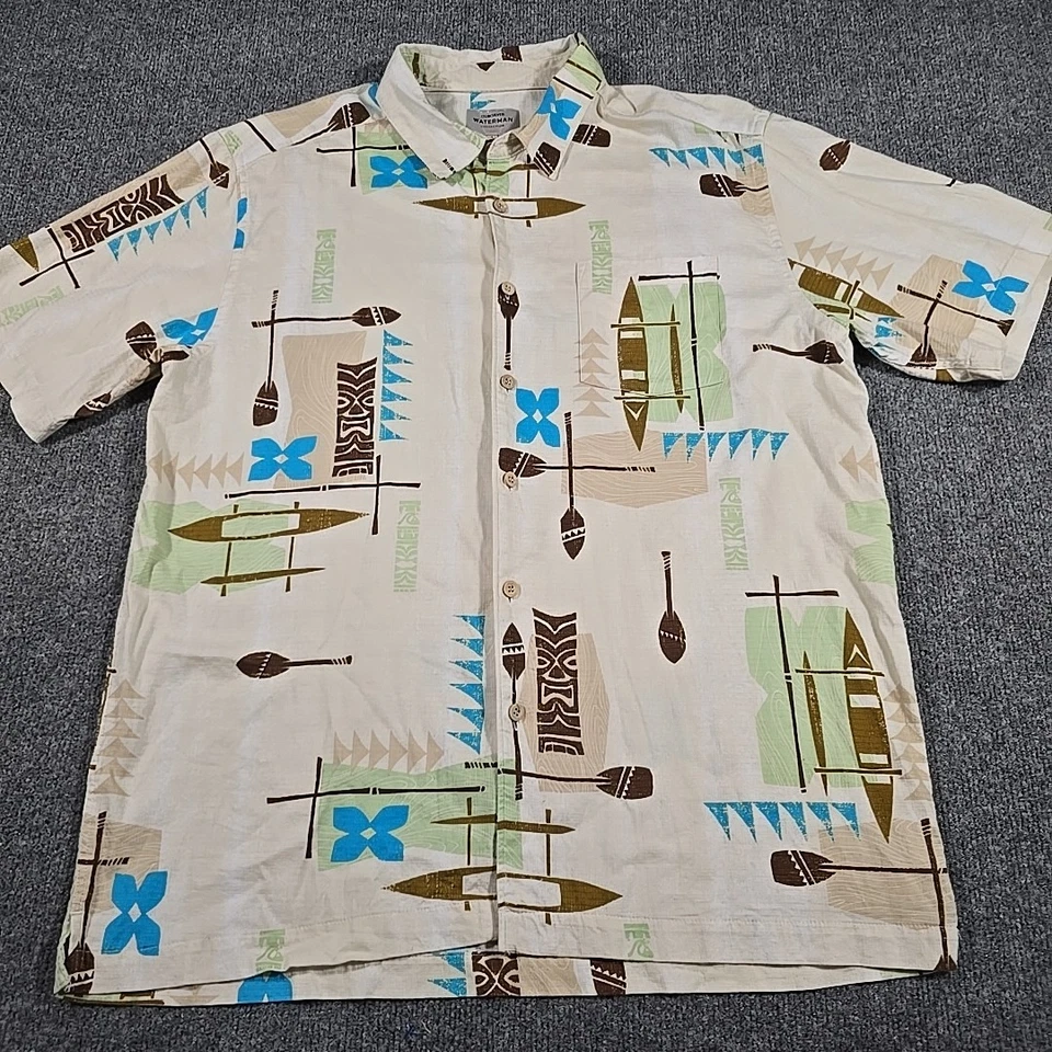 Quiksilver Waterman Shirt Mens Large Surf Camp Beach Tiki Mask Boat Paddle - Image 1 of 4