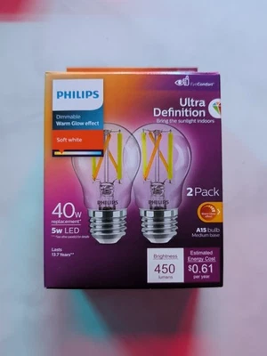 Philips Ultra Definición Brillo Cálido 40W Equivalente Blanco Suave A15 LED Medio Foto 1 de 4