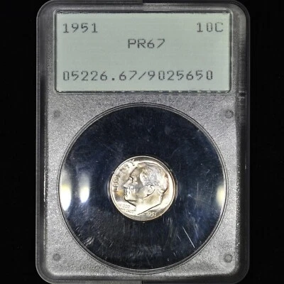 Moneda de diez centavos Roosevelt 1951 a prueba ✪ graduación profesional pr-67 ✪ soporte para sonajero de monedas de plata 10C◢de confianza◣ Foto 1 de 4