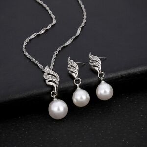 Imitation Pearl Pendant Necklace Earrings Jewelry Set For Women Bridal Party