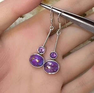 Lila Türkis & Amethyst Ohrhänger / Ohrhänger -925 Sterling Silber -4,5 cm - Bild 1 von 4