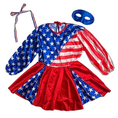 Vtg Rubies Girls Team USA Patriotic Cheerleader Costume Dress Bow Mask Sz M 8-10 - Image 1 of 4