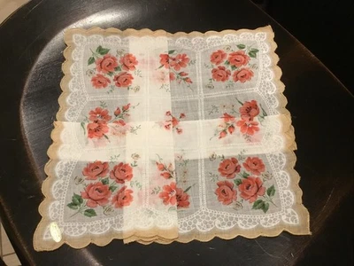 Pañuelo/pañuelo floral vintage tostado y rosa 11"x 11"" # Foto 1 de 4