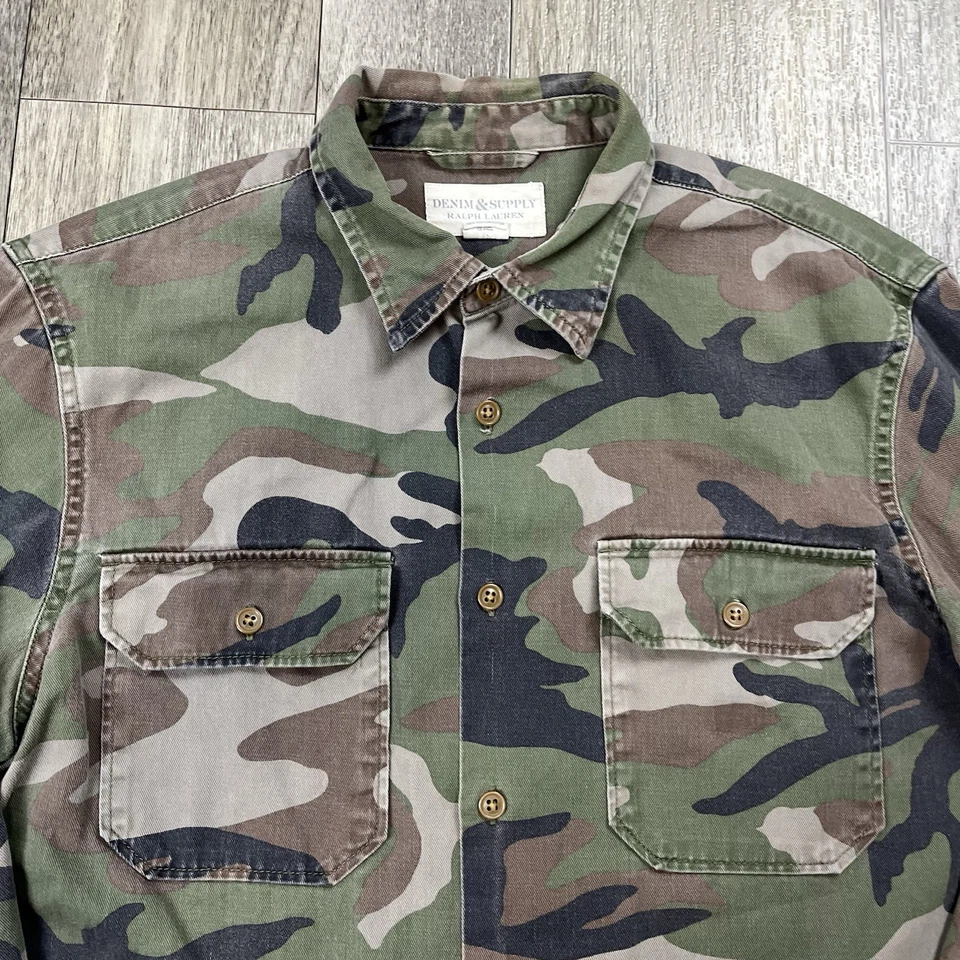 Camisa Denim & Supply Ralph Lauren Para Hombres Grande Camuflaje Militar Verde Botón Foto 1 de 4