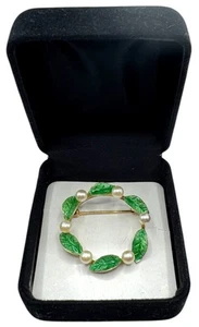 Broche prendedor vintage Art Nouveau período oro amarillo 14K esmalte verde y perlas 5,3 g - Imagen 1 de 5