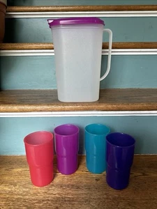 TUPPERWARE Slimline Clear Pitcher With Handle 2009B Gem Colors Tumblers Set - Picture 1 of 7