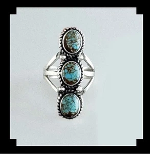 Long Slender Sterling and # 8 Turquoise Ring Size 8 1/2 - Picture 1 of 6