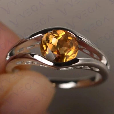 3.00ct Round Cut Natural Citrine Solitaire Engagement Ring 18K White Gold Plated Foto 1 de 4
