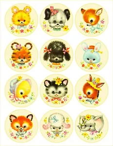 Vintage Retro Baby Animal 2.5 Inch Circle Crafting STICKERS - Just Cut & Use! - Picture 1 of 1