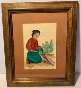 JAN GARBERO AQUARELL INDIAN GIRL FEED ROADRUNNER GERAHMT & SIGNIERT 1978 - Bild 1 von 9