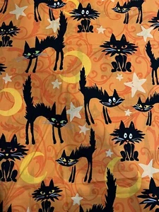 Halloween Black Scaredy Frightened Cat On Orange Fabric Cotton Cartoon 30” X 44” - Picture 1 of 4