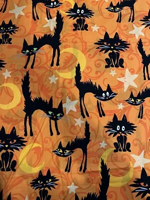 Halloween Black Scaredy Frightened Cat On Orange Fabric Cotton Cartoon 30" X 44" - Image 1 of 4