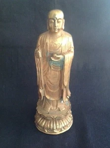 VINTAGE GILT BRONZE BUDDHA HOLDING PEACH JOSS STICK HAND HOLE DOUBLE LOTUS BASE - Bild 1 von 7
