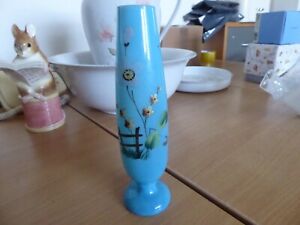 Collectors Vintage blue glass vase, hand painted