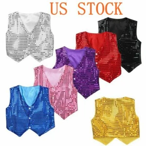 Kids Boys Glittery Vest Jazz Dance Show Waistcoat Sequined Jacket Top Costume - Picture 1 of 49