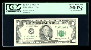 DBR 1993 $100 FRN Chicago Fr. 2174-G PCGS 58 PPQ Serial G14193442A - Picture 1 of 2