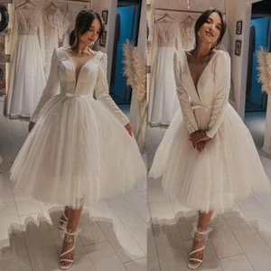 Short Satin Tulle Wedding Dresses Long Sleeve Sexy V Neck Tea Length Bridal Gown - Picture 1 of 10