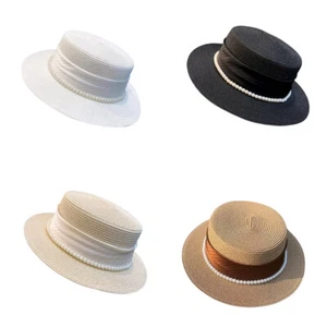 Women Straw Flat Top Hat Summer Wide Brim Pearls Ribbon Decor Travel Sun Cap - Picture 1 of 11