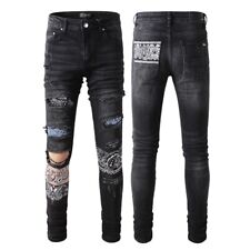 Men's Skinny fit Paisley Pattern Patchwork Ripped Stretch Patches Denim Jeans