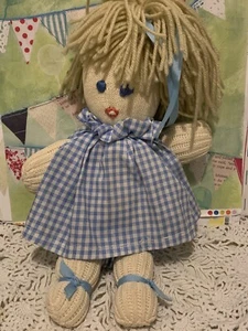 Vintage 15” handmade sewn cloth sock doll blue gingham yellow yarn hair toy girl - Picture 1 of 9