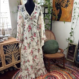 Vintage 70s 579 Ivory Floral Lace Empire Waist Bell Sleeve Prairie Maxi Dress - Picture 1 of 5
