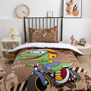 3D Crocodile Bike Cartoon Kids Quilt Cover Set Duvet Cover Bedding Pillowcases - Picture 1 of 8