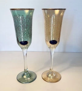 Champagne flutes Italy Iridescent in 2 colors gold rim Tall orig tags FREE SHIP  - Picture 1 of 4