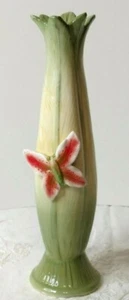 Unique Porcelain Sage Green & Yellow Bud Vase w/ Applied Butterfly - Picture 1 of 12