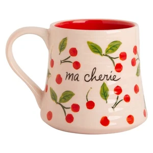 16oz Mug White and Red Cherries Design With Ma Cherie Sentiment Set of 4 - Picture 1 of 2