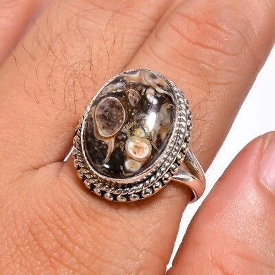 Beautiful Turritella Fossil Gemstone 925 Sterling Silver Handmade Ring Sz 5-10 - Image 1 of 3