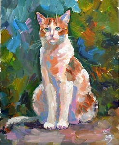 Ginger Cat Portrait in Lush Garden – Original Acrylic Painting 12x10 in - Picture 1 of 6
