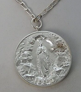 Germany 1980's  2" Sterling Immaculate Conception Medal Necklace 72.6g 20" Chain - Picture 1 of 7