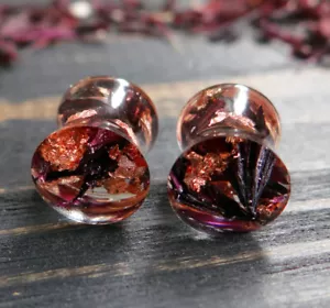 Black Cornflower ear plugs Rose gold gauges and tunnels 2g 0g 00g double flared - Picture 1 of 8