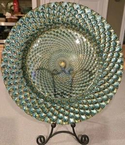 Peacock Feather Glass Charger Plate Green Blue Gold 12.5" - Picture 1 of 3