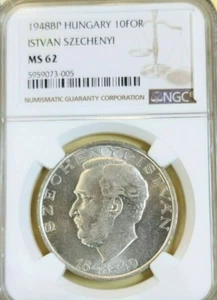 1948 HUNGARY SILVER 10 FORINT ISTVAN SZECHENYI NGC MS 62 NICE SMOOOTH LUSTER - Picture 1 of 4