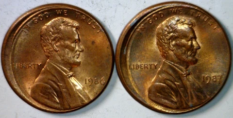 1986 & 1987 OFF CENTER ERROR Lincoln Cent Coins Unc. / BU  2 Coin LOT #1  NR Cover