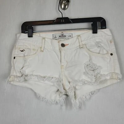 Pantalones Cortos Hollister Mujer Blanco Destruido Deshilachado Dobladillo Frente Plano Denim Corte Talla 3 Foto 1 de 4