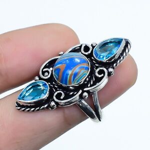 Rainbow Calsilica, Blue Topaz Gemstone Silver Jewelry Ring Size 6.5 RRJR4744