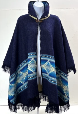 Native Knit Blue 100% Wool Poncho Handmade Equador Button Fringe Ethnic Boho - Image 1 of 4
