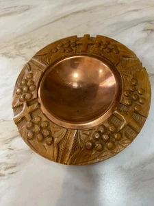 Carved Wooden Ashtray Copper Bowl Religious Cross Trinket Dish - Picture 1 of 6
