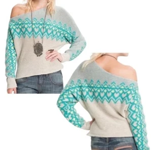 Free People Fair Isle Heart Mohair Wool Blend Knitted Off Shoulder Sweater M - Picture 1 of 12