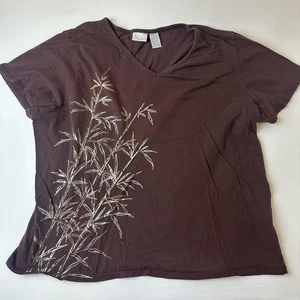 Erika Shirt Womens 2XL Brown V-Neck Bamboo Graphic Short Sleeve 100% Cotton - Picture 1 of 9